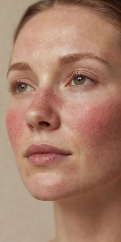 Vrouw met rosacea en roodheid op de wangen en neus