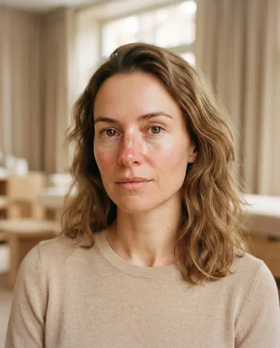 Vrouw met zichtbare roodheid in het gezicht, passend bij couperose.